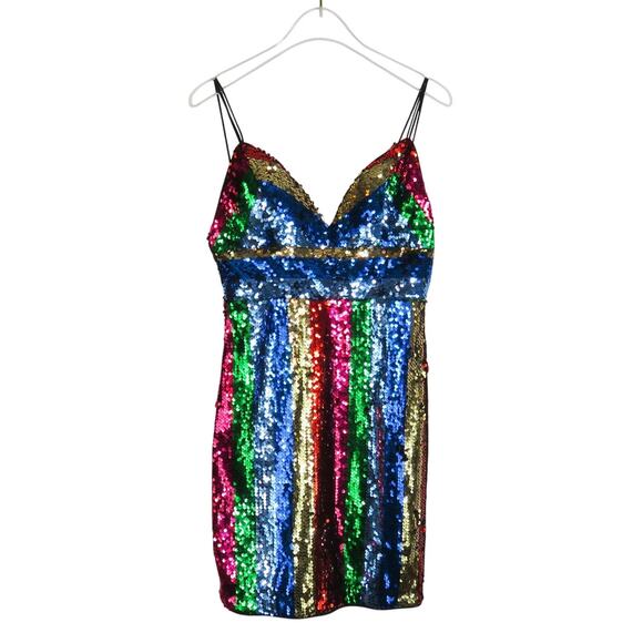 Revolve ENTRY Multicolor Rainbow Sequin Cocktail Mini Dress Small Party Club - Picture 8 of 8